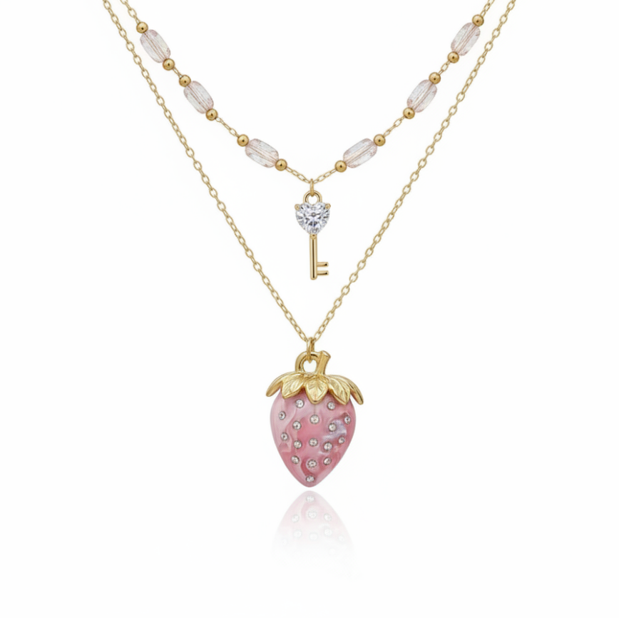 Gold Plated Layered Necklace Set - Pink Strawberry & Crystal Key Charms - 2 Piece Stackable or Separate Wear