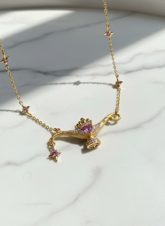 Aladdin Genie Lamp Necklace - Gold Plated Zirconia Pendant