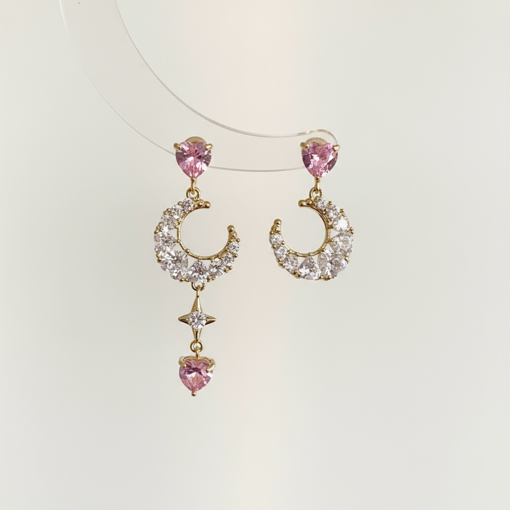Pink Zirconia Moon Drop Earrings Silver Plated Celestial Dangle Jewelry
