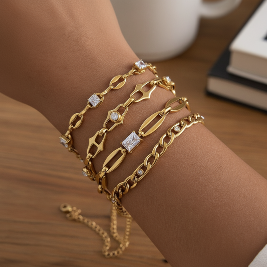 18K Gold Titanium Steel Chain Bracelets for Women, Dainty Layered Link Bracelets with Cubic Zirconia, Stackable Minimalist Jewelry Set, Elegant Gift for Her