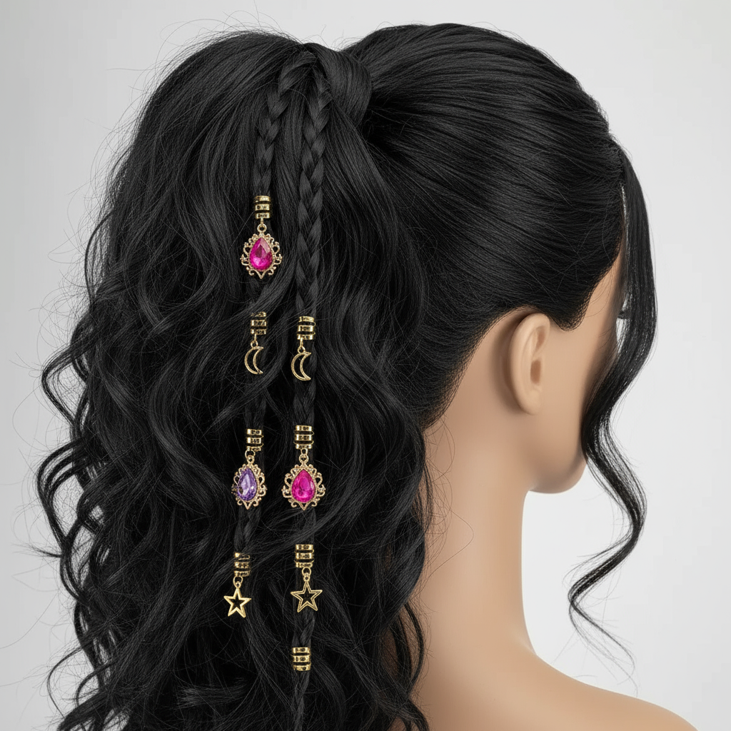 Gold Hair Braid Charms Set - Star Moon Gemstone Pendants