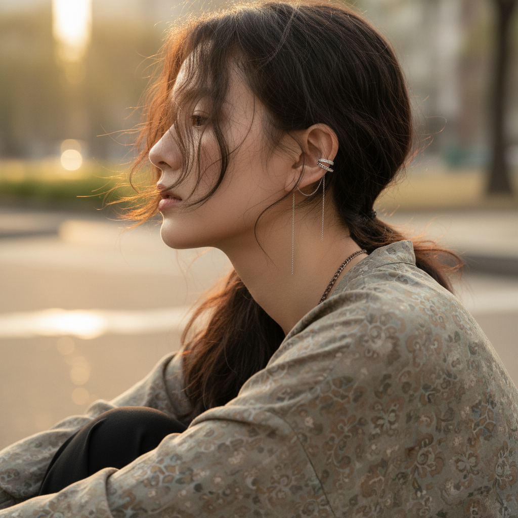 Silver Plated Crystal Chain Ear Cuff - Double Layer No Piercing Earring