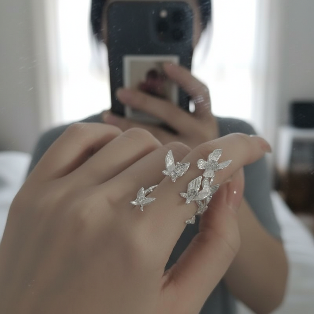 Silver Butterfly Ring Adjustable Vine Wrap Statement Ring Sculptural Climbing Butterflies