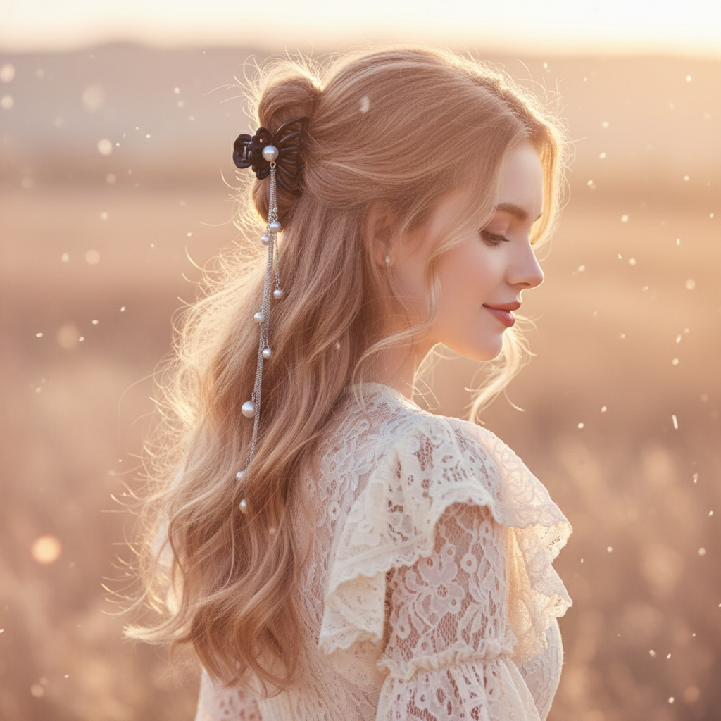 Black Butterfly Pearl Tassel Hair Clip