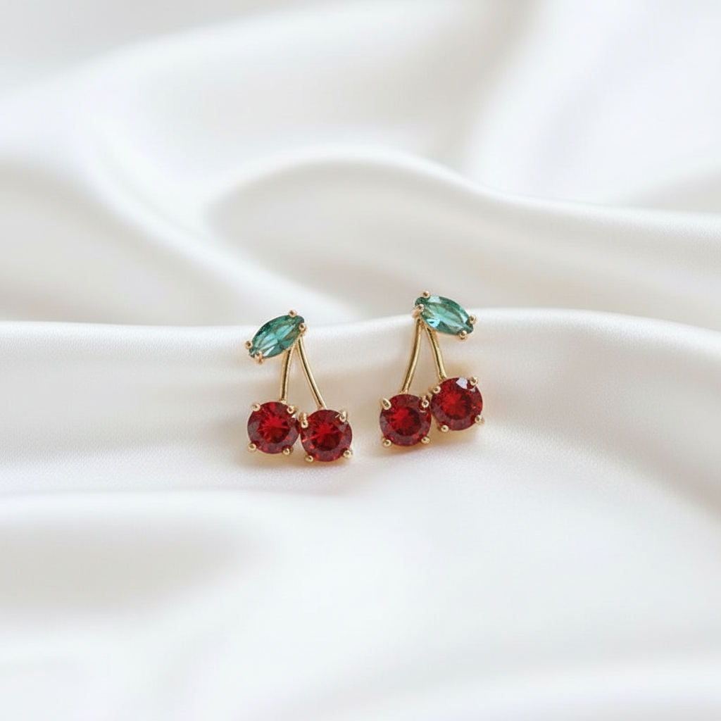 Cute Cherry Earrings | Kawaii Red Crystal Drop Earrings Gift