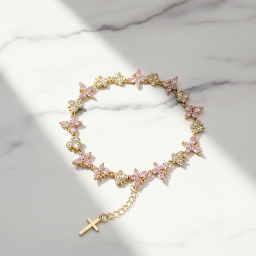 Pink Zirconia 14K Gold-Plated Cross Butterfly Bracelet | Birthday Gift for Her | Girlfriend Gift | Best Friend Gift
