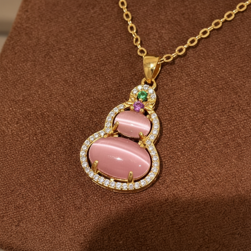 Pink Cat's Eye Gourd Pendant Necklace - 18K Gold Plated Lucky Charm with Colorful Gems