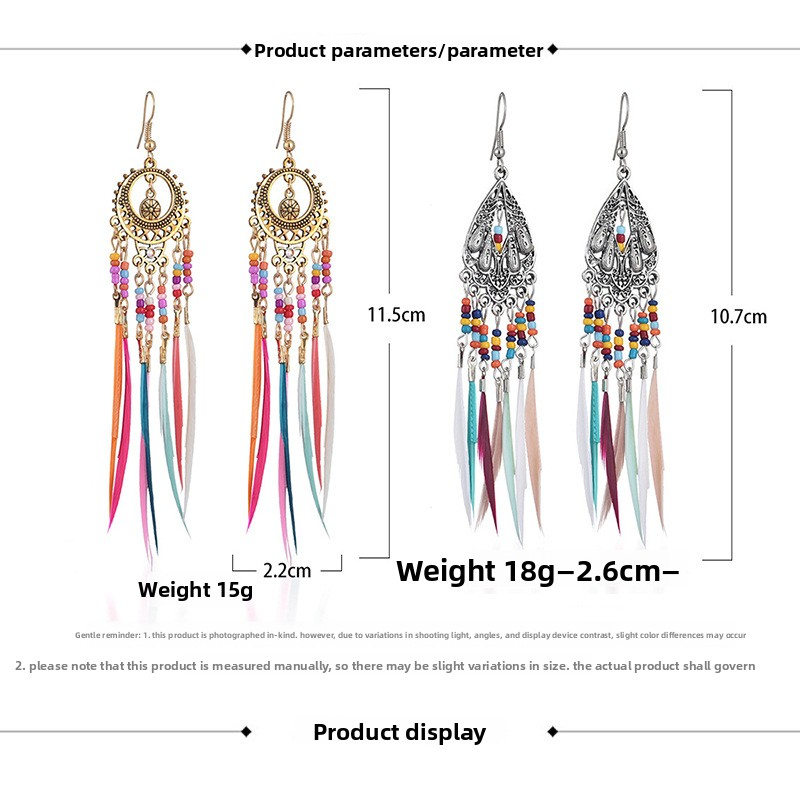 Bohemian Feather Earrings Colorful Beaded Tassel Dangle Ethnic Festival Jewelry Women