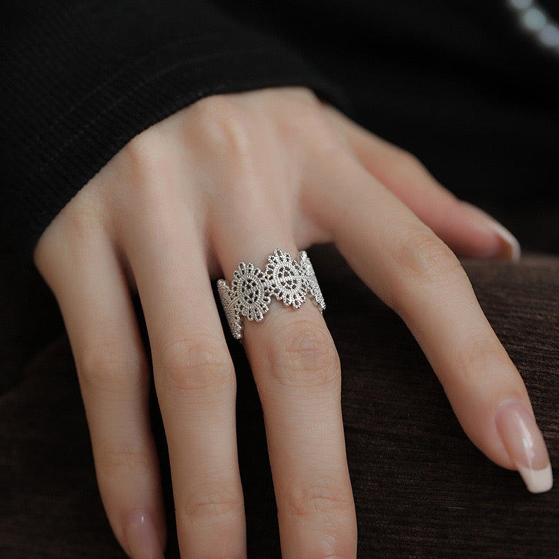 French Lace Ring Women Silver Plated Adjustable Open Ring Vintage Hollow