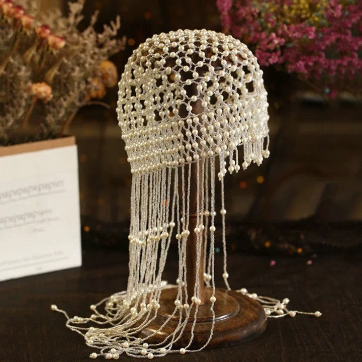 Vintage Pearl Cascade Headpiece | 1920s Beaded Fringe Hair Crown