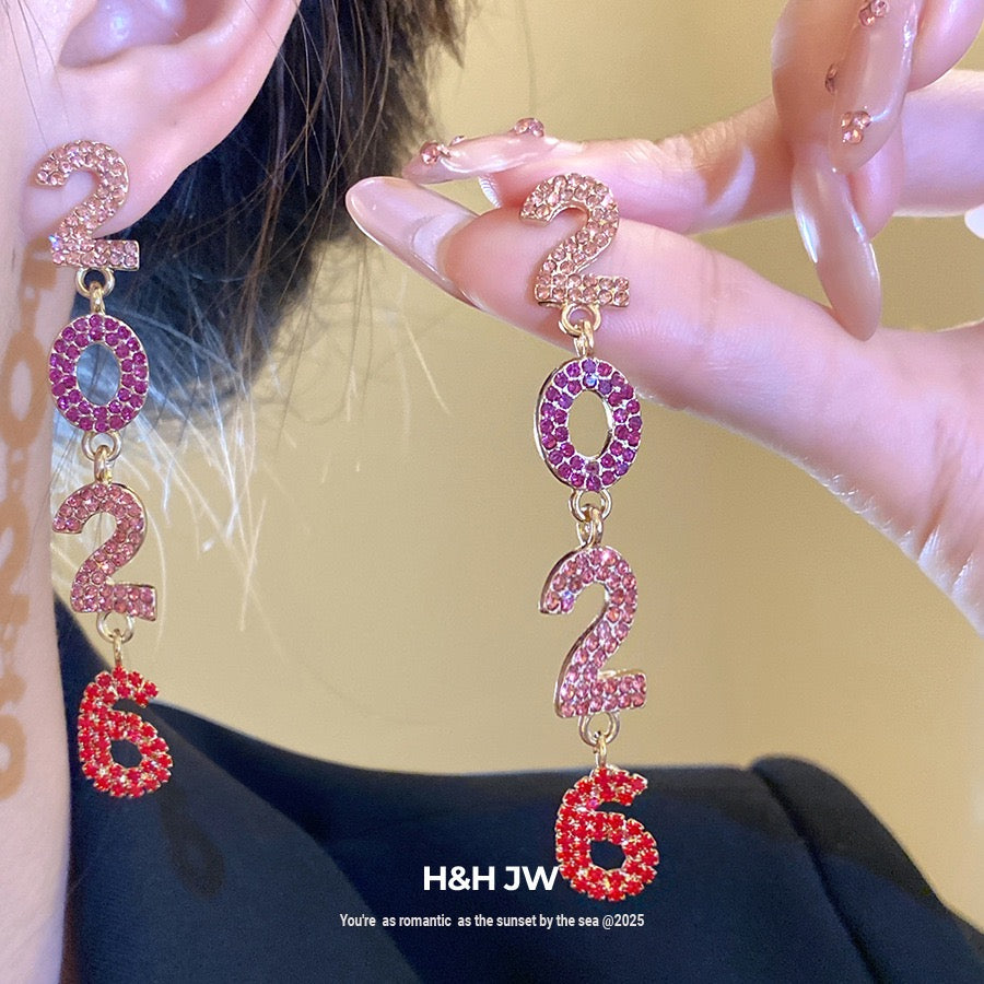 2026 New Year Crystal Number Earrings Snowflake Statement Jewelry