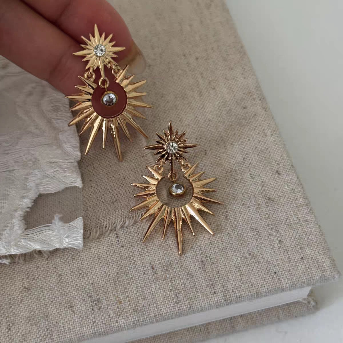 Starburst Crystal Earrings Double Layer Radiant Gold Dangle Drop Statement Earrings