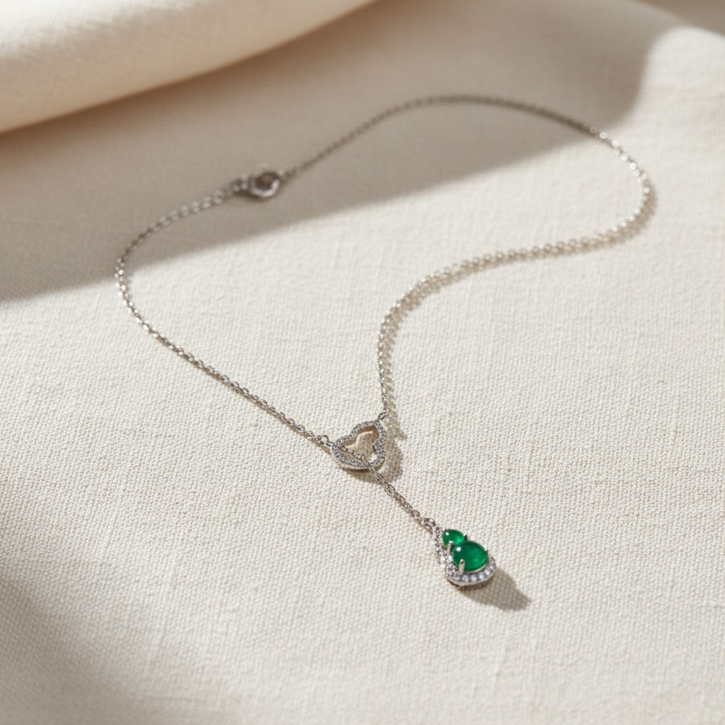 925 Sterling Silver Green Chalcedony Y Necklace - Lariat Necklace with Heart Charm