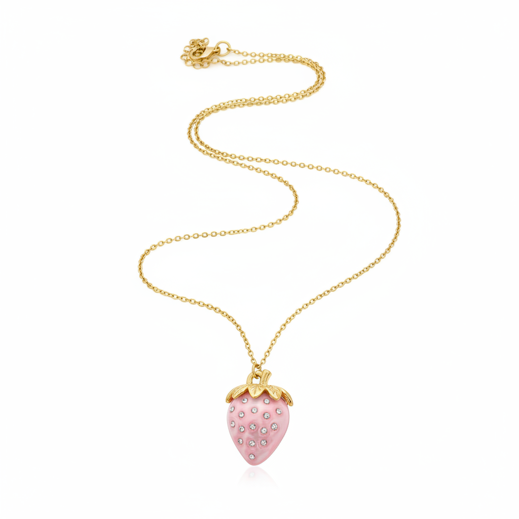 Gold Plated Layered Necklace Set - Pink Strawberry & Crystal Key Charms - 2 Piece Stackable or Separate Wear
