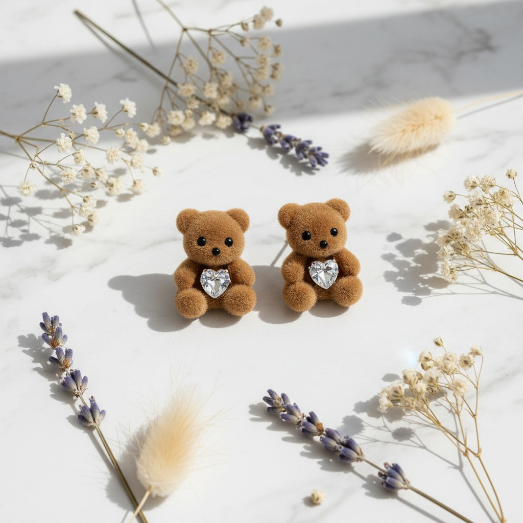 Cute Teddy Bear Stud Earrings Women Flocked Brown Bear Hugging Heart Zirconia Kawaii Gift