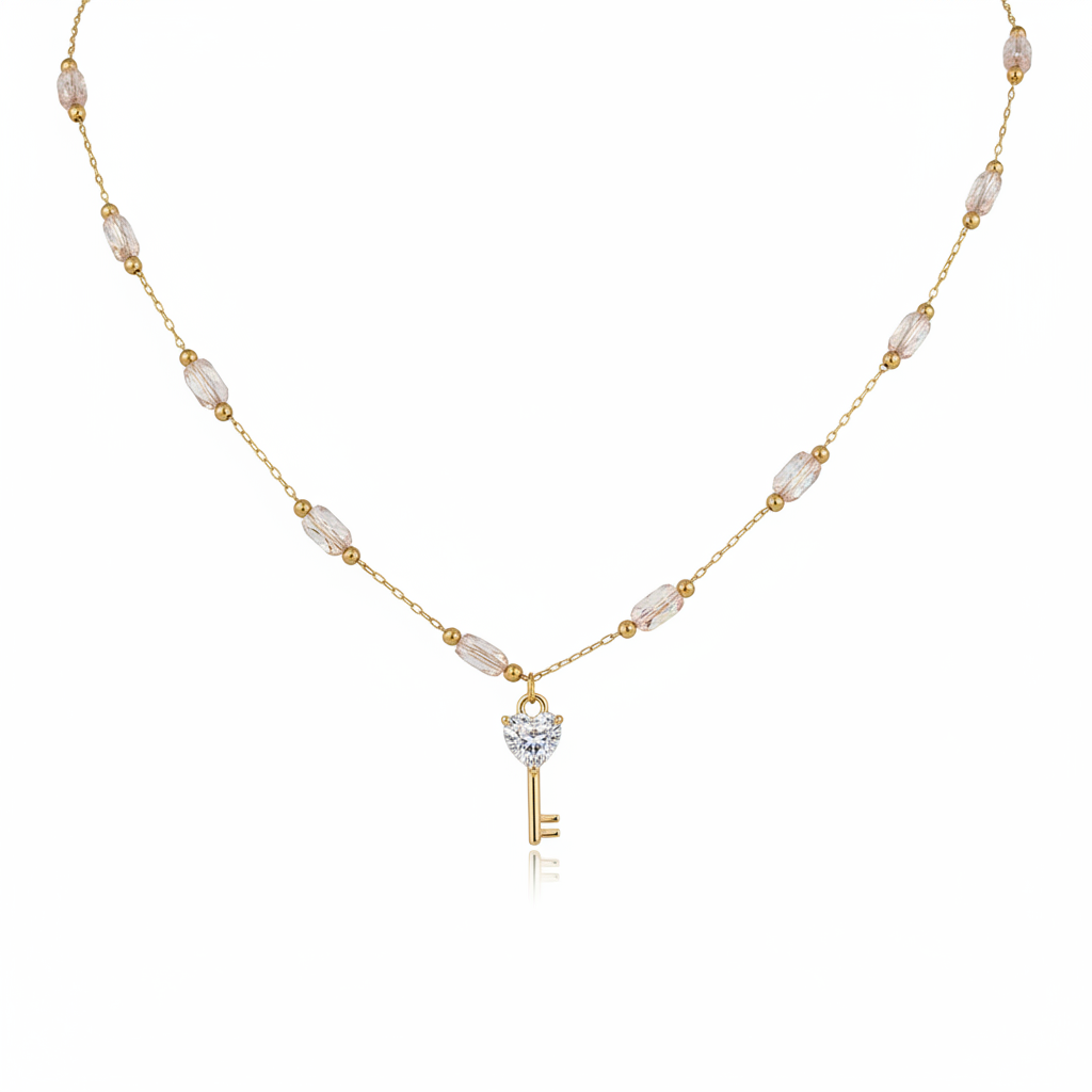 Gold Plated Layered Necklace Set - Pink Strawberry & Crystal Key Charms - 2 Piece Stackable or Separate Wear