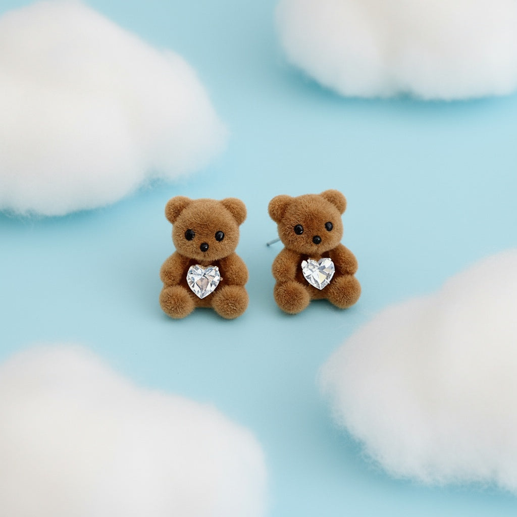 Cute Teddy Bear Stud Earrings Women Flocked Brown Bear Hugging Heart Zirconia Kawaii Gift