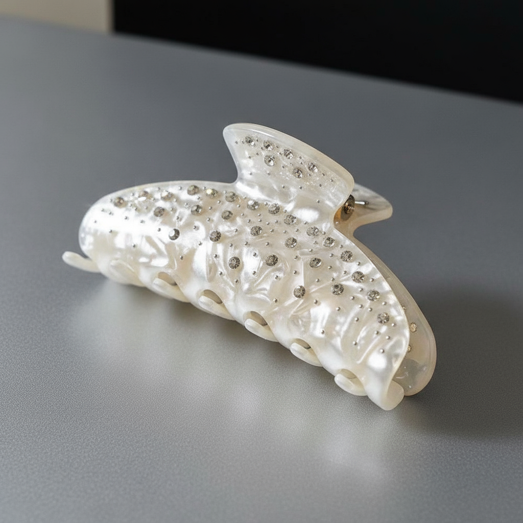 Acetate Rhinestone Hair Claw - Pearl White Hair Clip