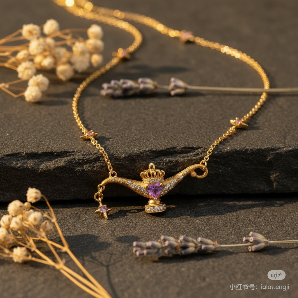 Aladdin Genie Lamp Necklace - Gold Plated Zirconia Pendant