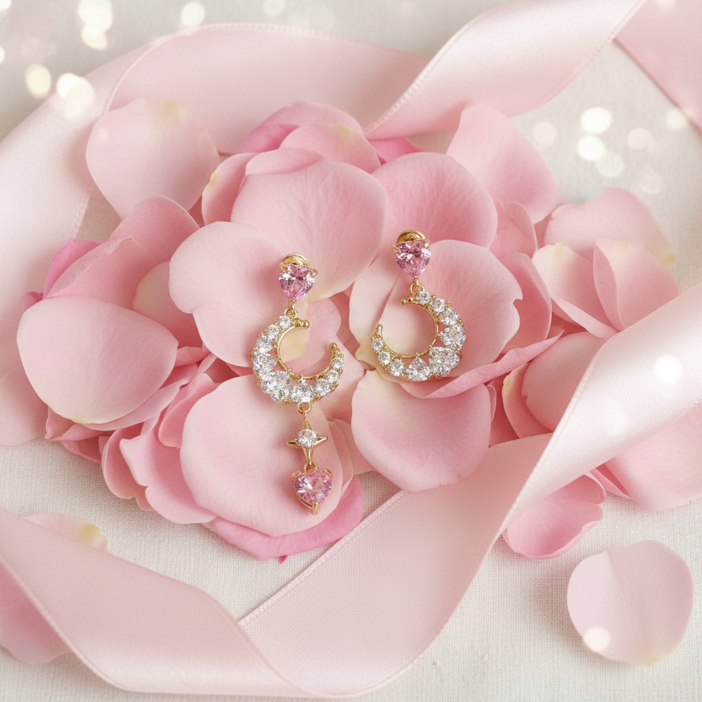 Pink Zirconia Moon Drop Earrings Silver Plated Celestial Dangle Jewelry