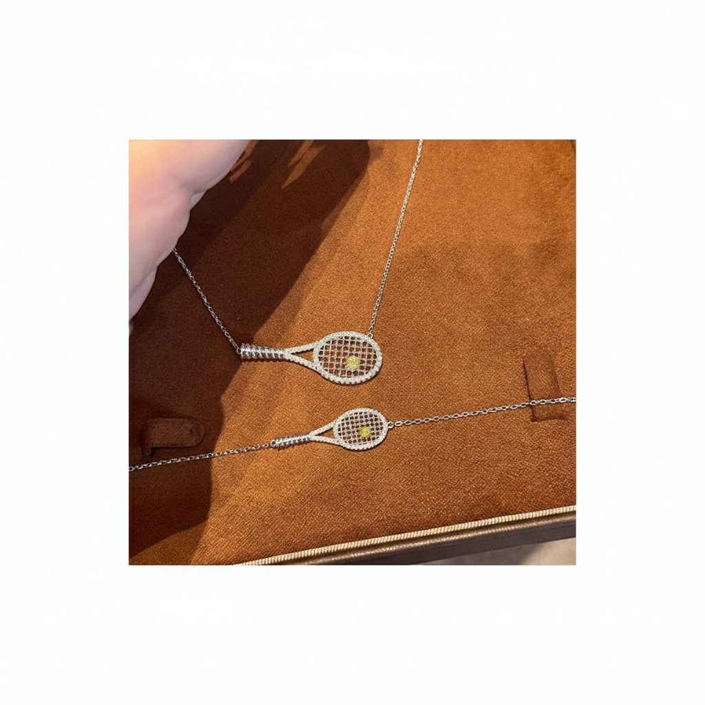 Tennis Racket Necklace & Bracelet Set - Crystal Sports Jewelry