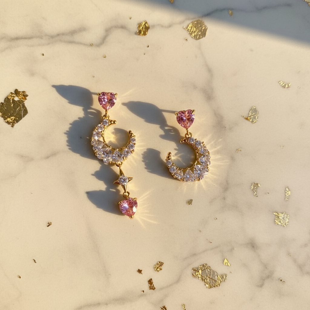 Pink Zirconia Moon Drop Earrings Silver Plated Celestial Dangle Jewelry