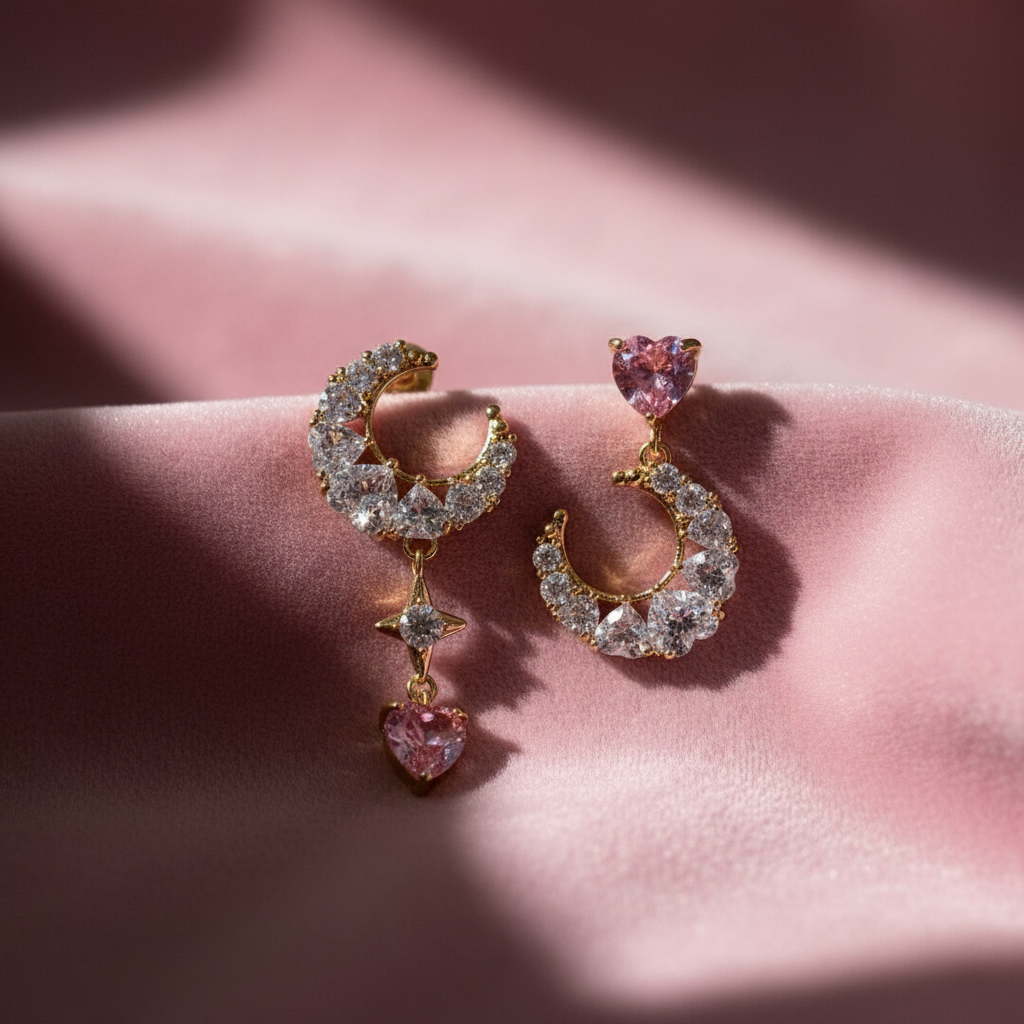 Pink Zirconia Moon Drop Earrings Silver Plated Celestial Dangle Jewelry