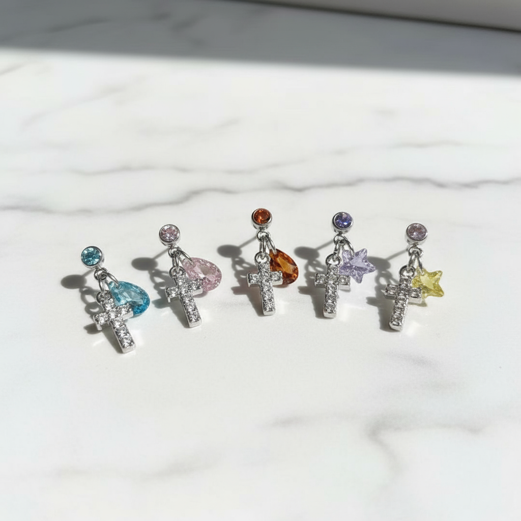 Colorful CZ Cross Earrings - Gold Plated Dangle Stud Earrings for Women Multi Piercing Jewelry Set