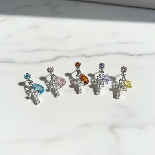 Colorful CZ Cross Earrings - Gold Plated Dangle Stud Earrings for Women Multi Piercing Jewelry Set