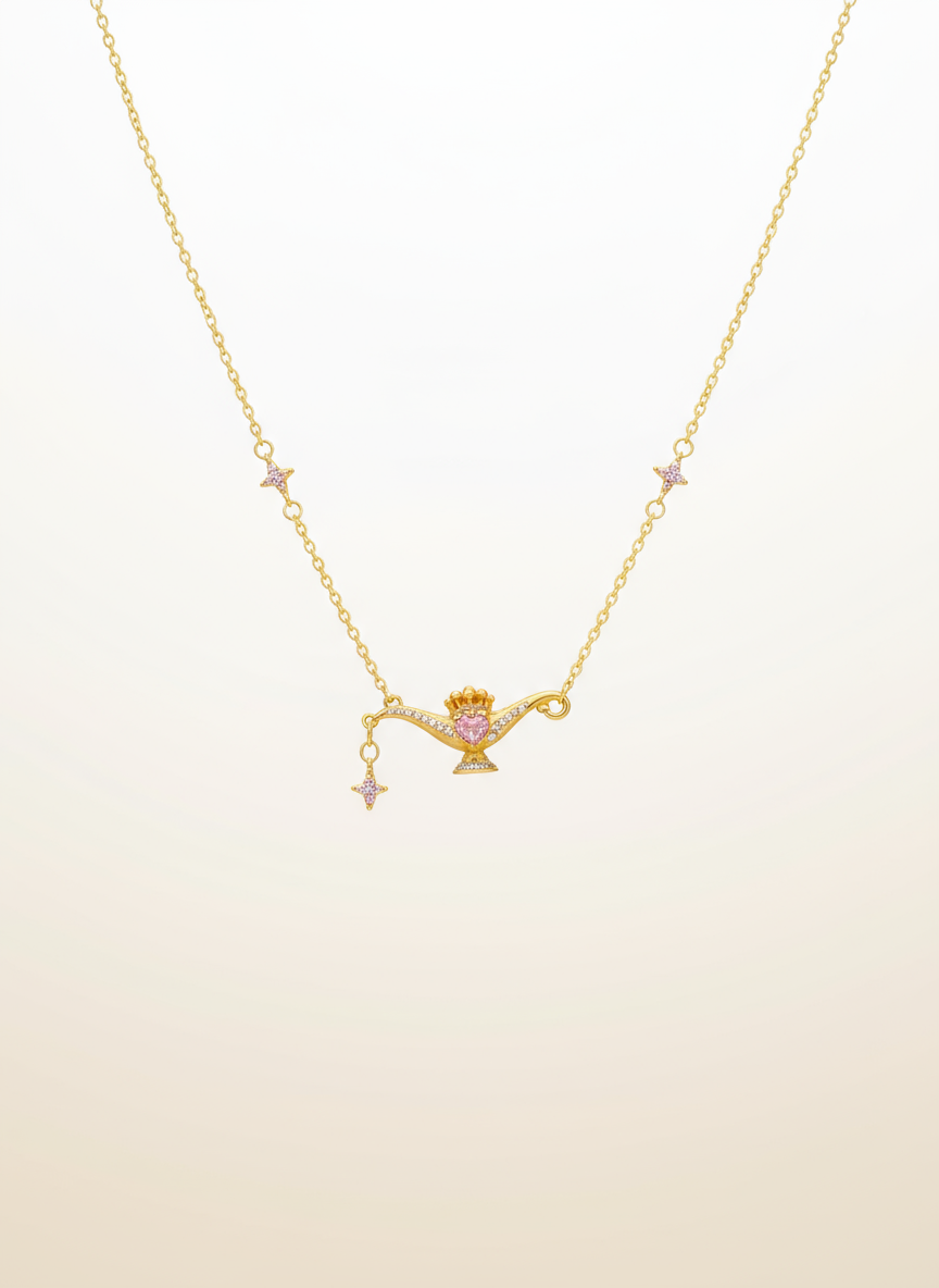 Aladdin Genie Lamp Necklace - Gold Plated Zirconia Pendant
