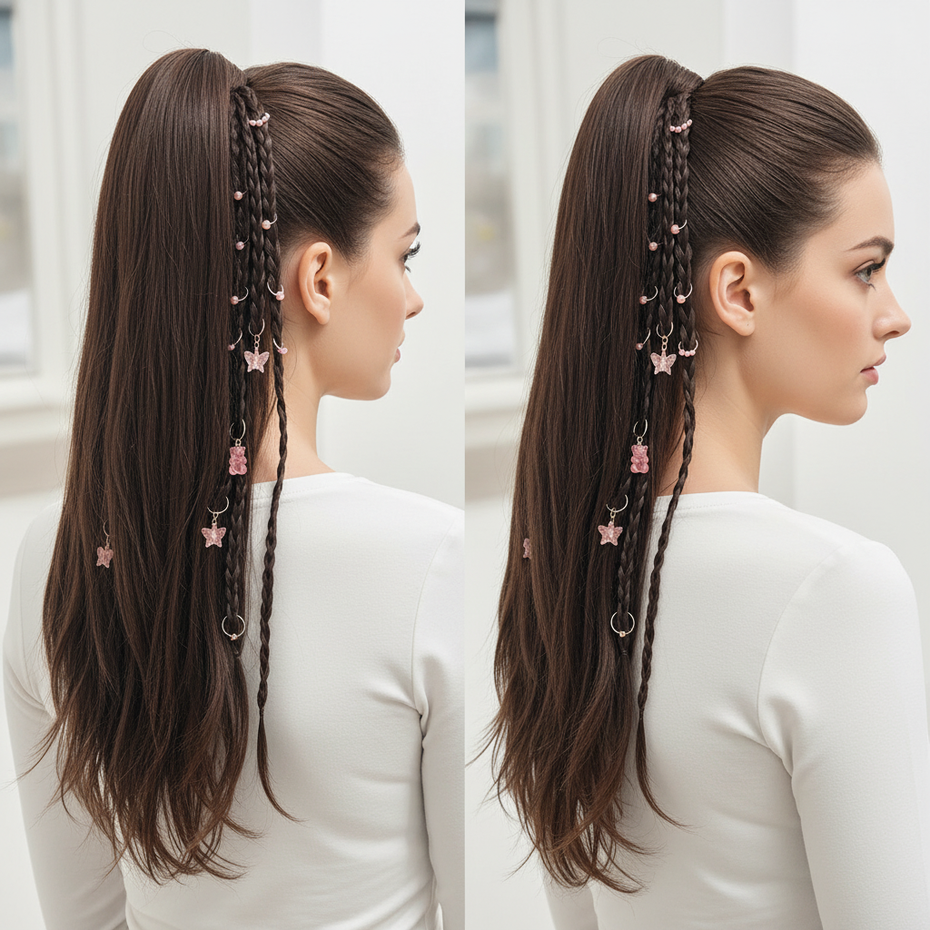 Cute Pink Hair Rings Set - Stars Butterflies Teddy Bear Charms