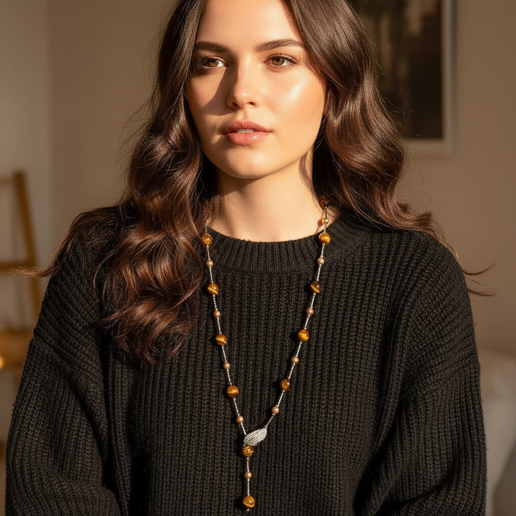 Tiger's Eye Sweater Necklace Long Layered Chain Crystal Leaf Accent