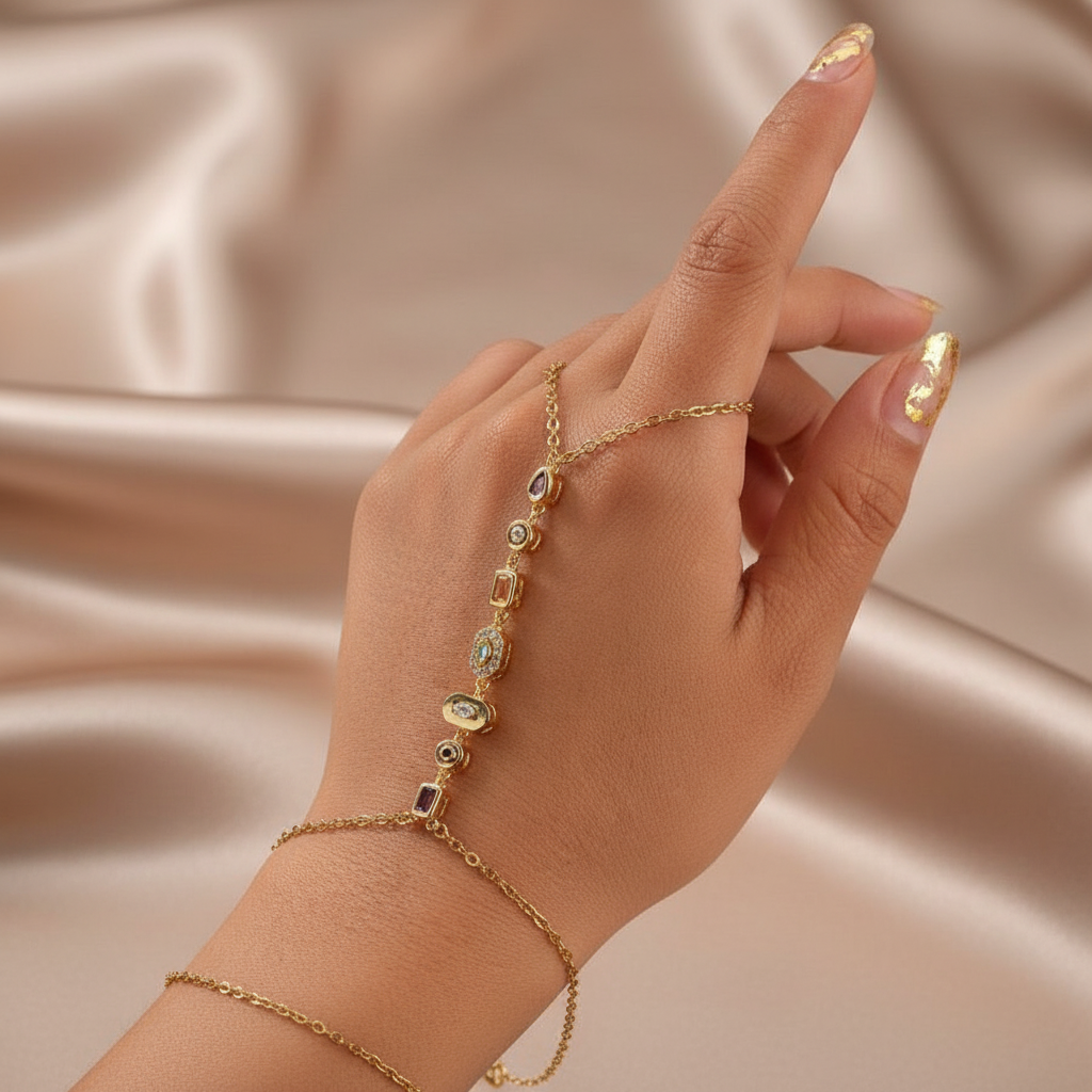 Cubic Zirconia Hand Chain Bracelet - Double Wrap Wrist to Finger