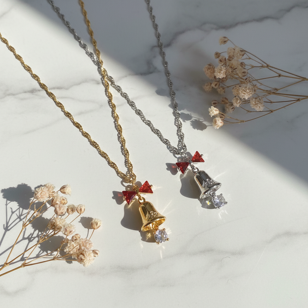 Christmas Bell Necklace Earrings Set - Red Bow CZ Jewelry Gold Silver Holiday Gift for Women