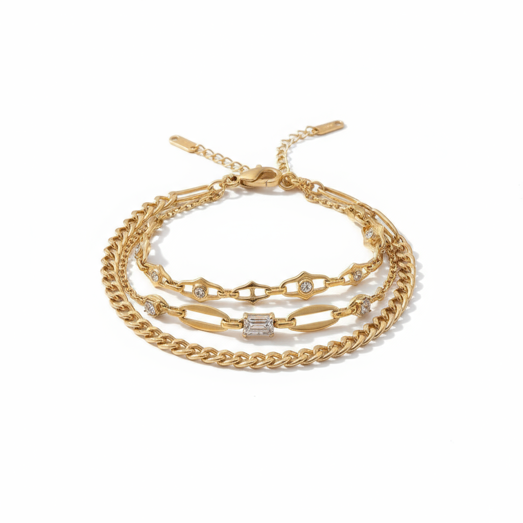 18K Gold Titanium Steel Chain Bracelets for Women, Dainty Layered Link Bracelets with Cubic Zirconia, Stackable Minimalist Jewelry Set, Elegant Gift for Her