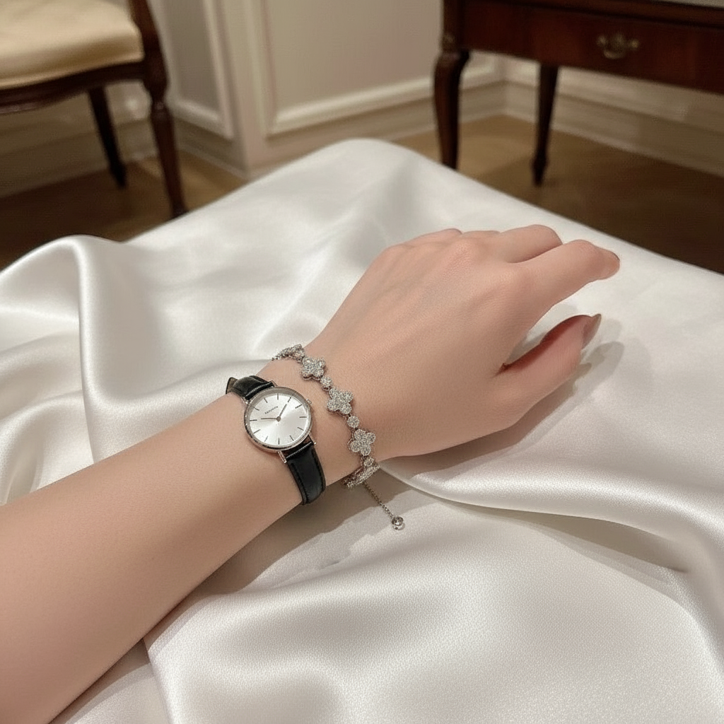 Luxury Silver Clover Bracelet with Zirconia - Elegant Gift Box Included