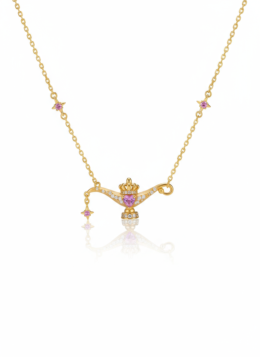 Aladdin Genie Lamp Necklace - Gold Plated Zirconia Pendant