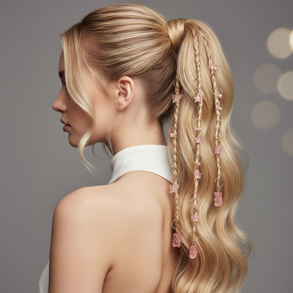 Cute Pink Hair Rings Set - Stars Butterflies Teddy Bear Charms