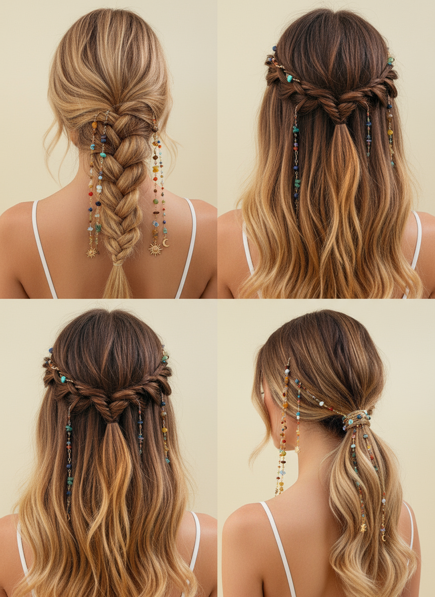 Boho Gemstone Hair Chain with Sun Moon Charms - Festival Hair Jewelry for Braids