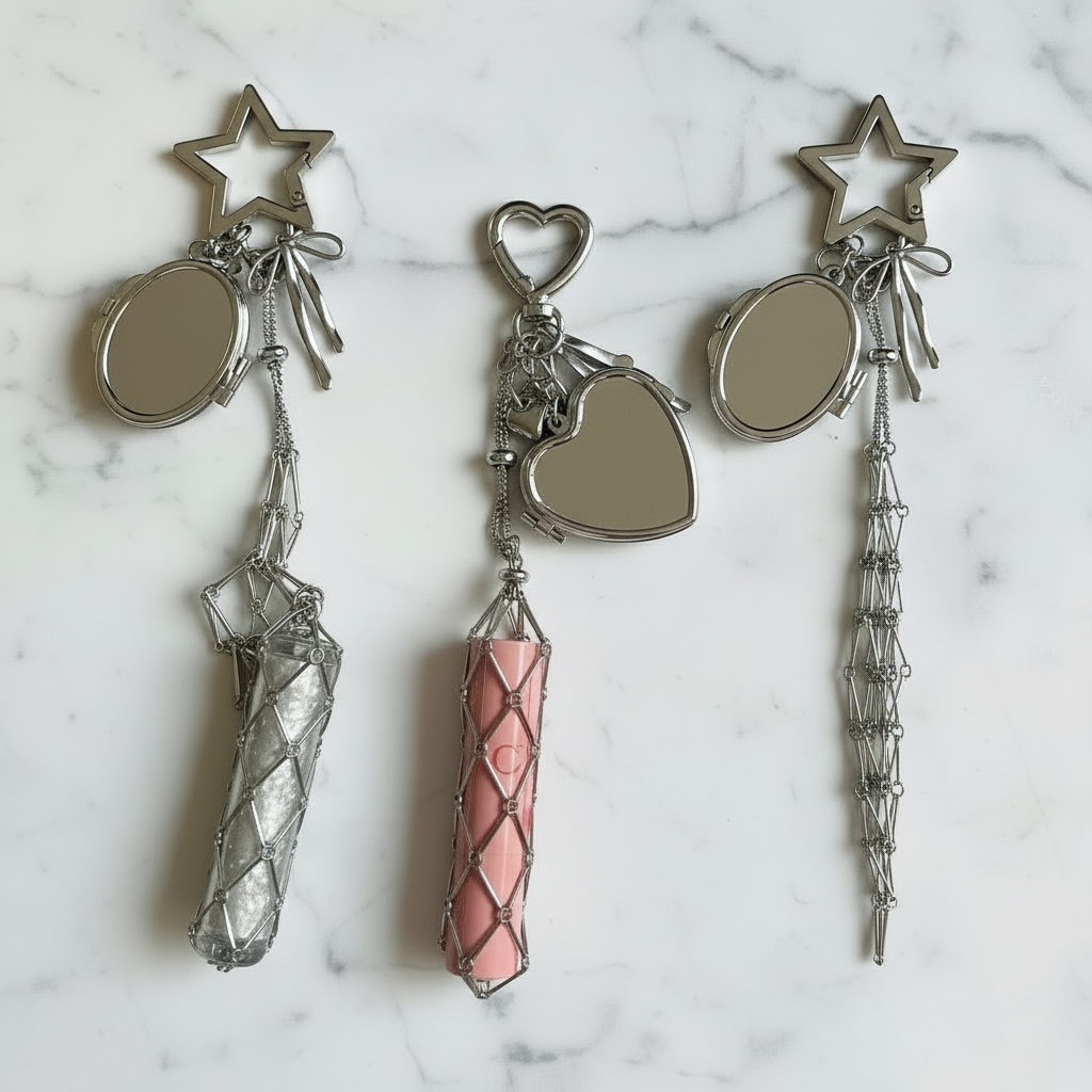 Silver Mirror Pendant Bag Charm - Star & Heart Keychain with Portable Storage