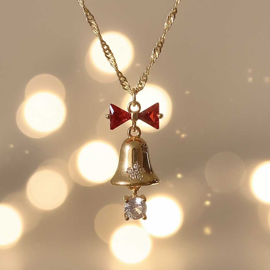Christmas Bell Necklace Earrings Set - Red Bow CZ Jewelry Gold Silver Holiday Gift for Women