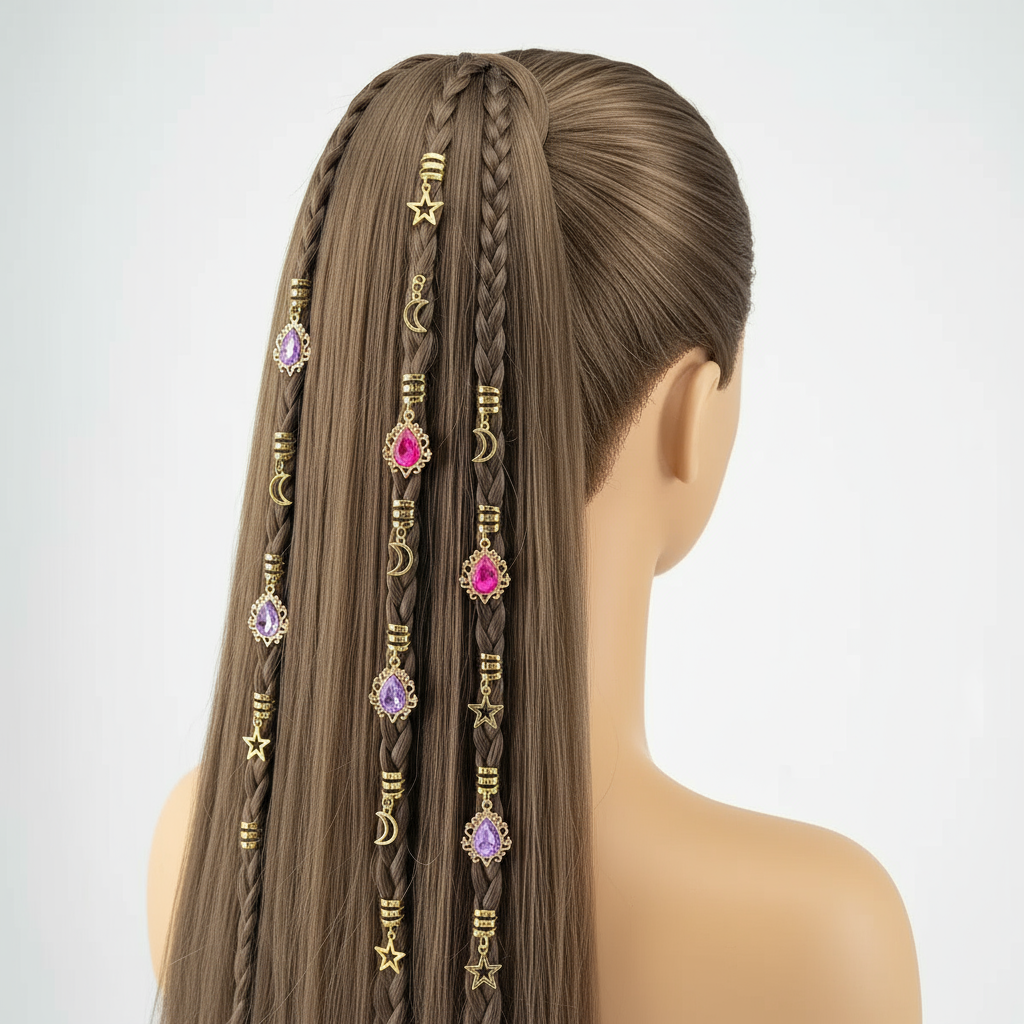 Gold Hair Braid Charms Set - Star Moon Gemstone Pendants