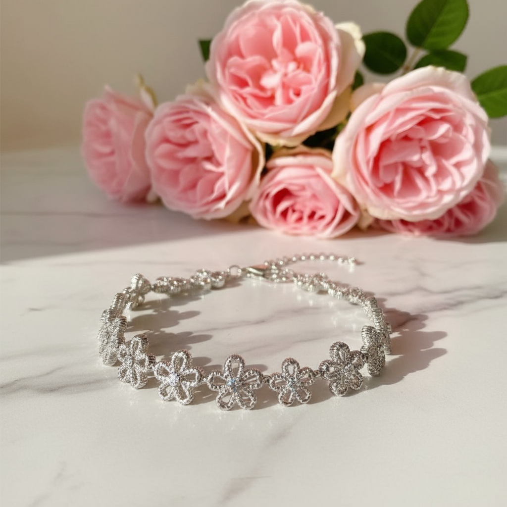 Elegant Crystal Flower Bracelet - Silver Plated