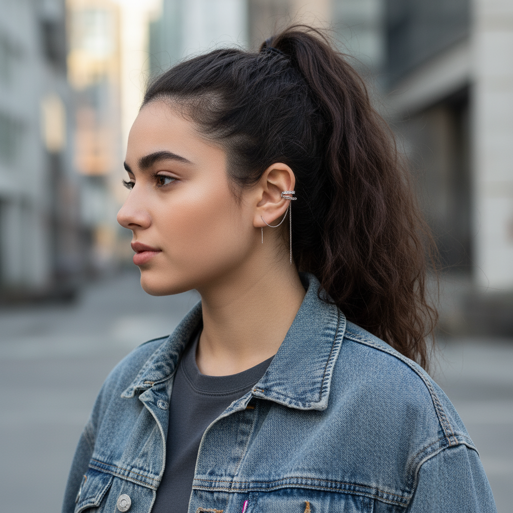 Silver Plated Crystal Chain Ear Cuff - Double Layer No Piercing Earring