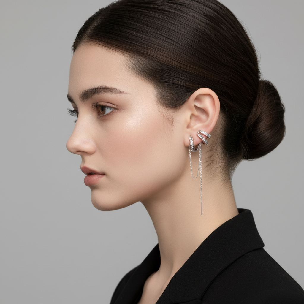 Silver Plated Crystal Chain Ear Cuff - Double Layer No Piercing Earring