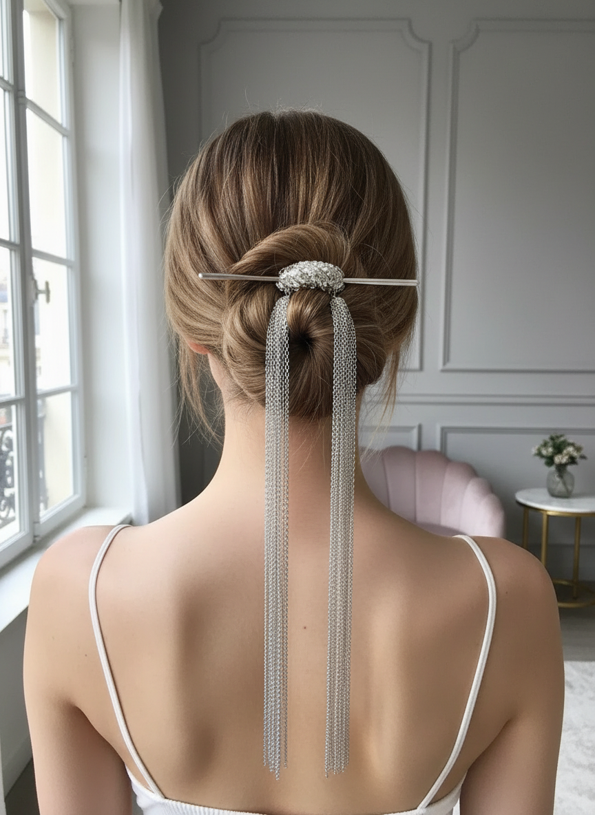 Silver Chain Tassel Hair Stick with Crystal