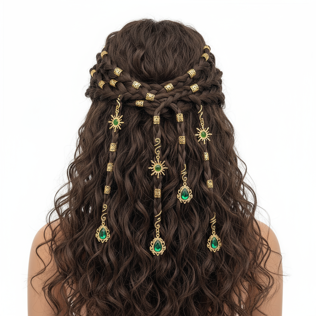 Bohemian Sun Charm Hair Jewelry with Green Gemstones - Gold Hair Accessories