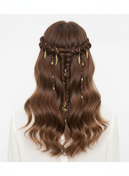 Boho Celestial Hair Clip with Feather, Star and Moon Charms – Gold Metal U Shaped Hair Pin for Women, Vintage Hair Accessory for Bun or Braid