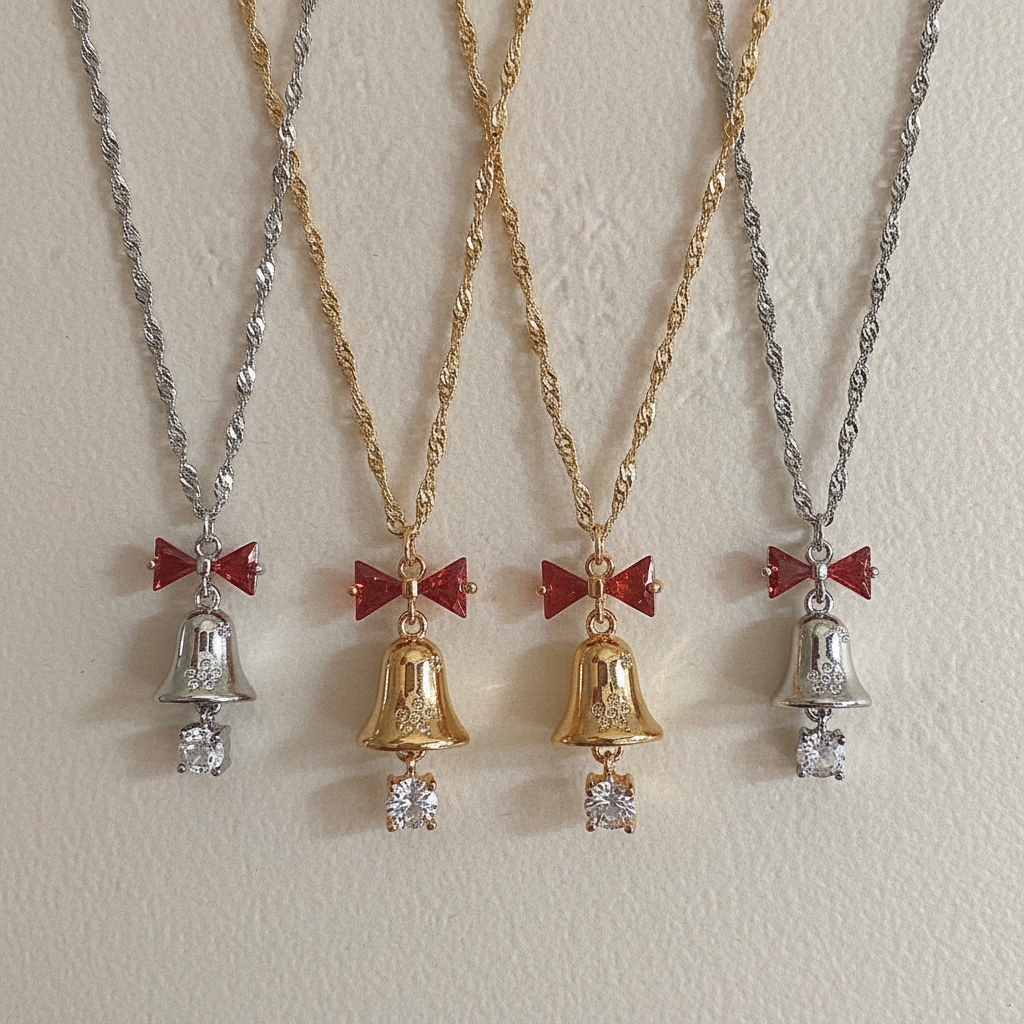 Christmas Bell Necklace Earrings Set - Red Bow CZ Jewelry Gold Silver Holiday Gift for Women
