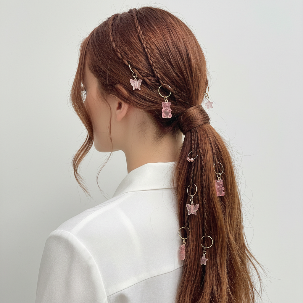 Cute Pink Hair Rings Set - Stars Butterflies Teddy Bear Charms